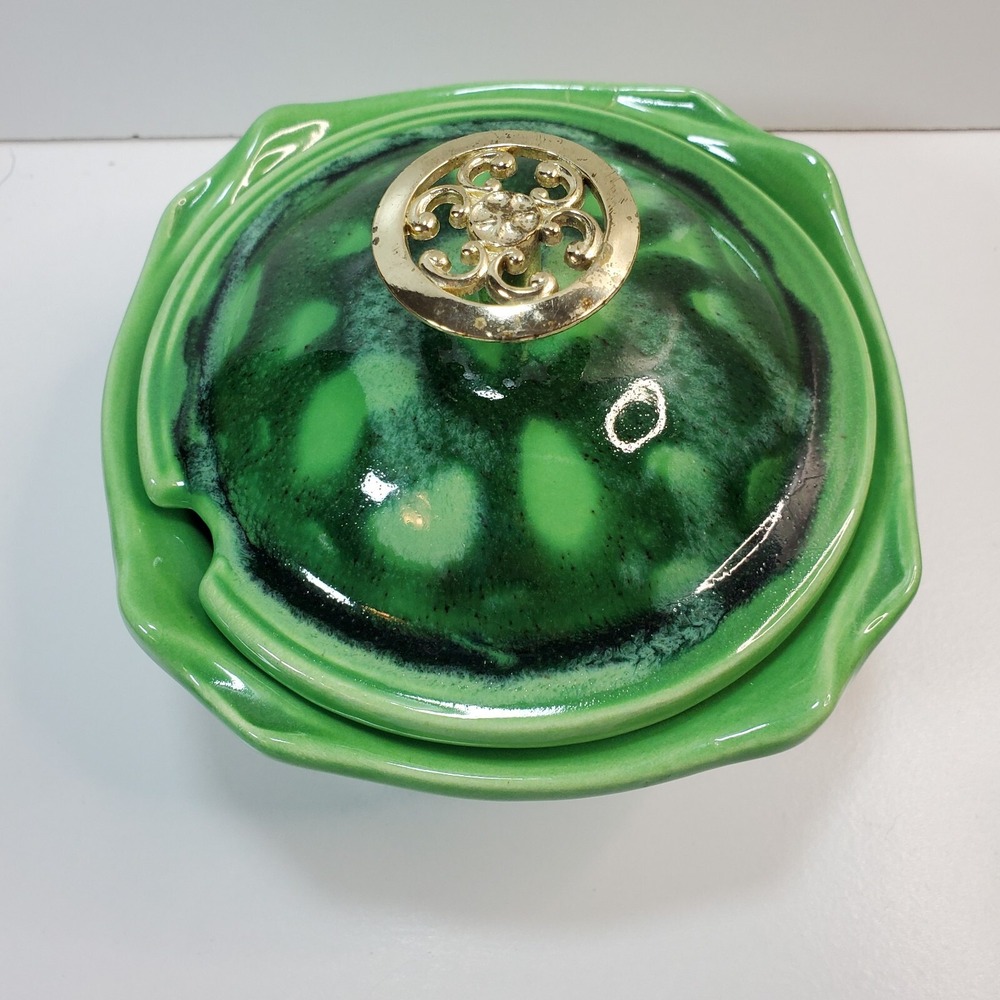 Vintage California Original Pottery Green Glazed 1033 1032 USA Lidded Bowl